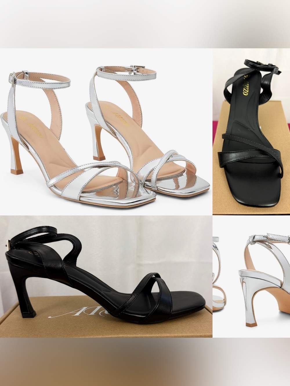 Black Ankle-Strap Square Toe 3” Short Stiletto Heel Sandals US 7 & 9.  NWT